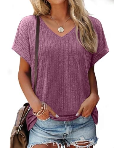 JUSTFASHIONNOW Summer Tops for Women 2026 V Neck Short Sleeve Mother's Day Shirts Trendy Basic Tees Dressy Casual Outfits Fuchsia L - Image 1