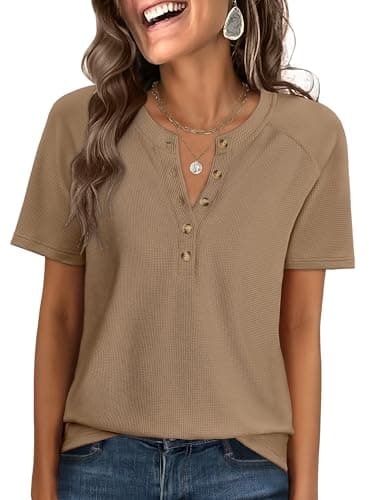 ANRABESS Women Waffle Knit Tops Short Sleeve Henley Shirts Dressy Casual Blouse 2026 Spring Fashion Outfits Trendy Clothes Tan - Image 1