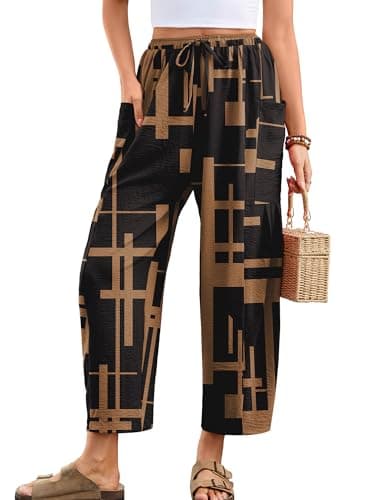 Heymoments Women's Wide Leg Lounge Pants Geometry X-Large Lightweight Drawstring High Waisted Paper Bag Flowy Dress Loose Vacation Comfy Summer Beach Palazzo Harem Casual Trousers with Pockets - Image 1