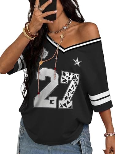 TAKEYAL Graphic Tees for Women Oversized Jersey Shirts Womens V Neck Tops 2000S Summer Y2K Clothes X-Small Black - Image 1