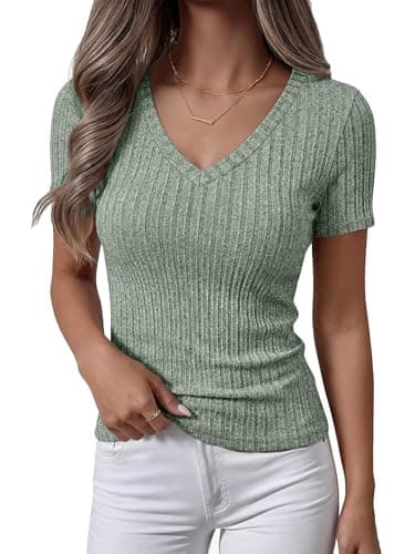 ANRABESS Womens Tops Short Sleeve V Neck Shirts Slim Fit Ribbed Knit Shirt 2026 Summer Dressy Casual Lightweight Sweaters Light Green X-Large - Image 1