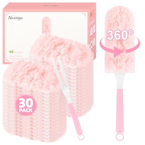 Nicemiya 30 Count Pink Duster Refills Compatible with Swiffer Handle, 360° Multi-Surface Duster Refills with 1 Handle, 5X Microfibers Disposable Dusters for Home, Office Cleaning - Image 1