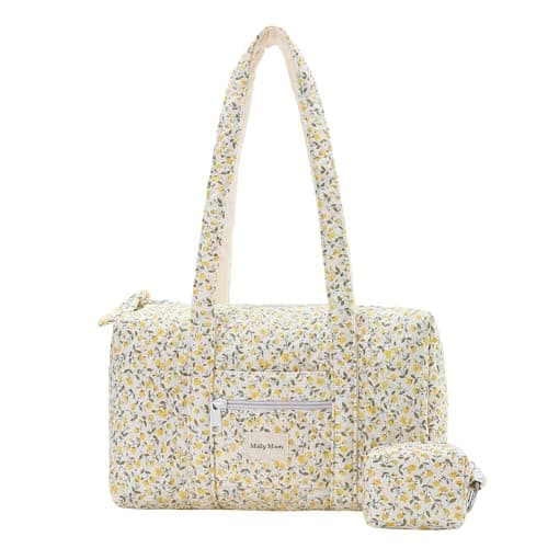 Molly Moon Top Zipper Floral Quilted Duffle Bag for Women, Yellow Quilted Small Floral Tote Bags with Coin Purse, Cute Cotton Shoulder Bag for Travel, Work, School - Image 1