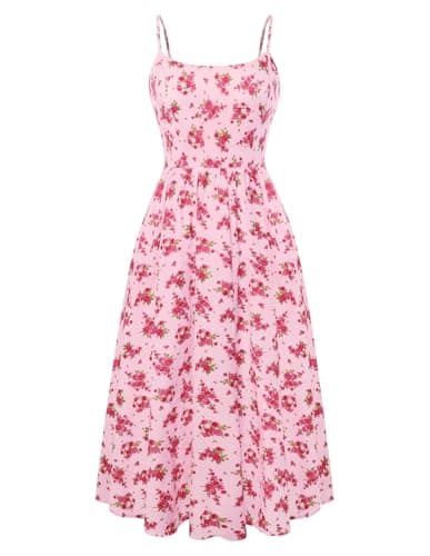 Belle Poque Pink Floral Dress for Women 2026 Summer Sleeveless Midi Sun Dresses A-line Beach Elegant Sundresses Medium - Image 1