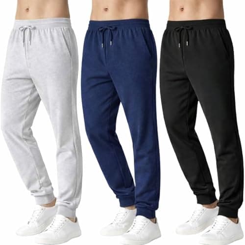 BROOKLYN'S BEST Pack of 3 Men Jogger Pants - Sweatpants for Men with Pockets, Elastic Waistband, Cuffed Ankles, Active Fleece Athletic and Workout Pants - Black/Heather Grey/Navy, Large - Image 1