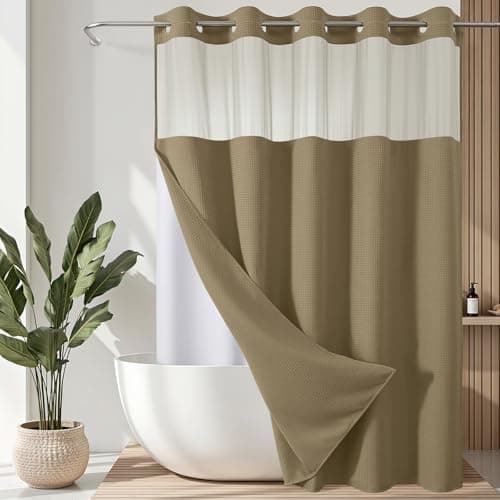 VANZAVANZU Hookless Shower Curtain with Mesh Top and Snap in Waterproof Liner, Waffle Weave, Weighted Magnets Hem, Machine Washable, 72 x 75 Inches – (Khaki) - Image 1