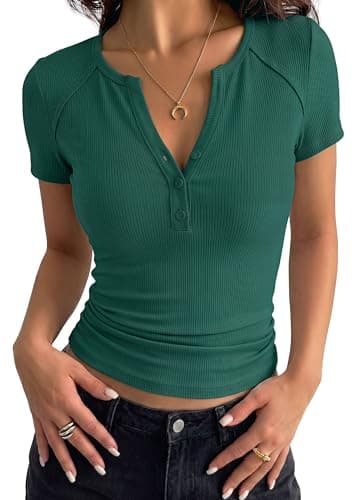 PRETTYGARDEN Womens Short Sleeve Henley Shirts 2026 Summer Trendy Ribbed Tops Fitted V Neck Button Up T Shirts Spring Blouses (Dark Green,X-Small) - Image 1