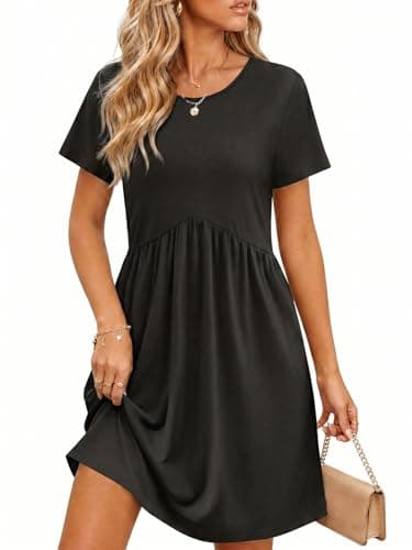 Wenrine Summer Dresses for Women 2026 T Shirt Casual Crew Neck Dresses Short Sleeve Loose Beach Mini Dress with Pockets D-Black - Image 1