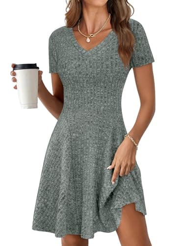 ANRABESS Womens Summer Dresses Casual Short Sleeve Ribbed Knit V Neck Swing A-Line 2026 Spring Vacation Tunics Short Dress Grey Green X-Large - Image 1