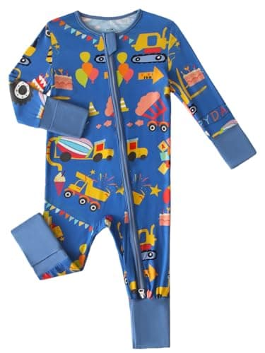 Joonberry Infant Baby Girl Clothing Bamboo Rayon Footies, Newborn outfit Footed Long Sleeve Jumpsuit with Zipper and Mitten Cuffs (Construction Pump Truck, 1-3M) - Image 1
