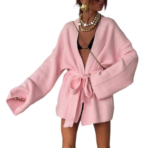 LKOUS Women's Long Sleeve Lightweight Soft Sweater V Neck Lace Up Waist Open Front Solid Knit Cardiagns with Belt Pink - Image 1
