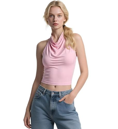 Women Halter Tank Tops Backless Sexy Cowl Neck Summer Going Out Y2K Tops Sleeveless Double Line Camisole Top Shirts(Pink,Medium) - Image 1