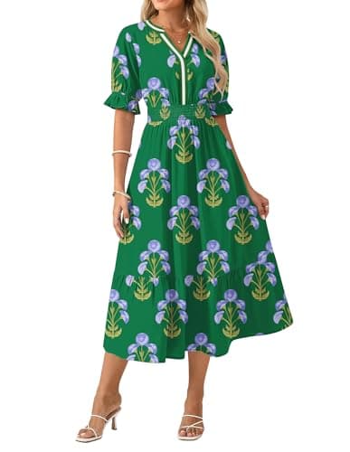 GRACE KARIN Womens Summer Floral Maxi Dress 2026 Casual Ruffle Short Sleeve Boho Dress A Line Flowy Dresses with Pockets Green Blue Flower S - Image 1