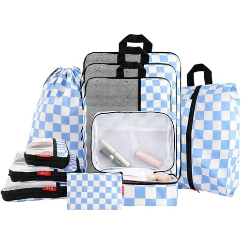 U+U 10 Set Compression Packing Cubes - Ultralight Travel Organizers with Laundry Bag and Cosmetic Bag, Space-Saving Suitcase Organizer for Travel, Business Trip and Family Vacation (Blue Checkered) - Image 1