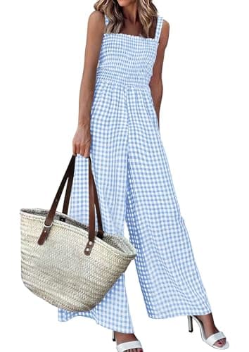 PRETTYGARDEN One Piece Jumpsuits for Women Casual Summer Cruise Outfits 2026 Spring Fashion Smocked Wide Leg Gingham Rompers (Light Blue,X-Large) - Image 1