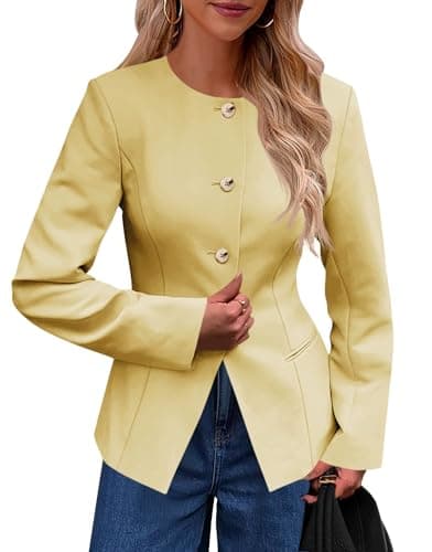 Cicy Bell Womens Business Casual Fitted Blazers Collarless Split Hem Work Office Button Down Suit Jackets Yellow - Image 1