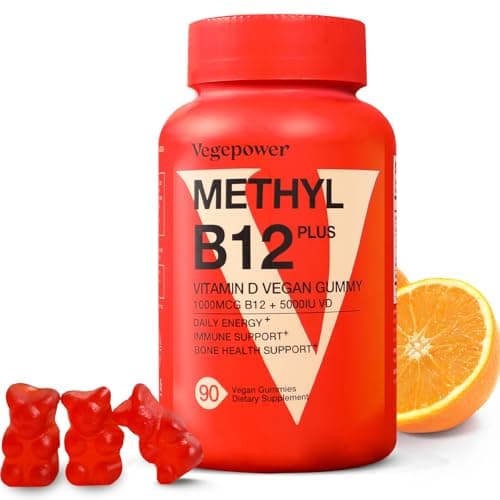 VEGEPOWER Vitamin B12 D3 Vegan Gummies - 90 Count I 1000 MCG Methyl B12 & 5000 IU Vitamin D Gummy Chewable Supplements for Adults & Kids - Immune Health & Daily Energy Boost - Non-GMO, Orange - Image 1