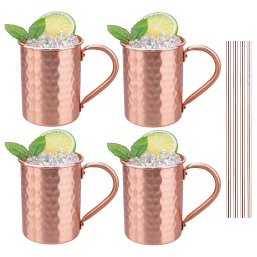TJ Moscow Mule Mugs Set of 4, 100% Pure Copper Cups 14 oz, Handcrafted Copper Mugs w/Straws, Tarnish Resistant, Gift for Cold Drinks Cocktail Beer Wine Party Bar - Image 1