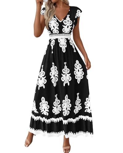 BTFBM Summer Dresses for Women Beach Fashion Floral Short Sleeve V Neck Boho Long Wedding Guest Maxi Dress Spring(Floral White Black,Small) - Image 1
