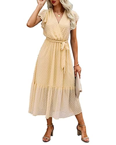 BTFBM Women Summer Bohemian Floral Casual Wrap V Neck Ruffle Cap Sleeveless Belt A-Line Pleated Hem Swing Midi Sun Dress (Swiss Dot Light Yellow, l) - Image 1