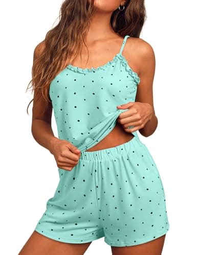 JUSTFASHIONNOW Womens Pajama Sets Shorts Cute Tank Top Shorts Set Ruffle Polka Dots Pj 2 Piece Summer V Neck Pajama Soft Lingerie Sleepwear (Green,X-Large) - Image 1