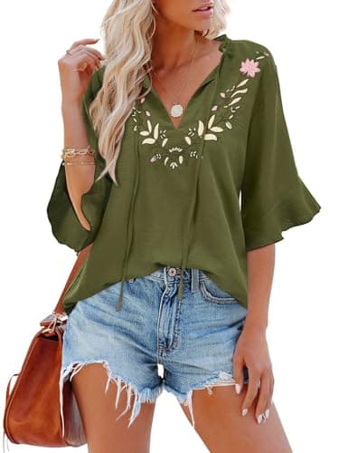Womens Summer Tops 3 4 Sleeve Women Blouses Casual Boho Top Spring Floral Short Sleeve Shirts Vacation Army Green S - Image 1