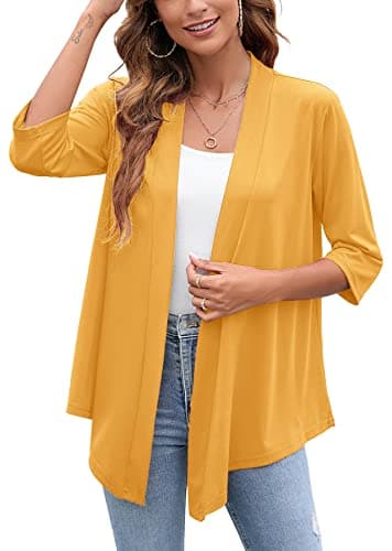 Heymoments Cardigan for Women Yellow Large Draped Open-Front 3/4 Sleeve Lightweight Casual Soft Drape Summer Fall Kimonos Cardigans - Image 1