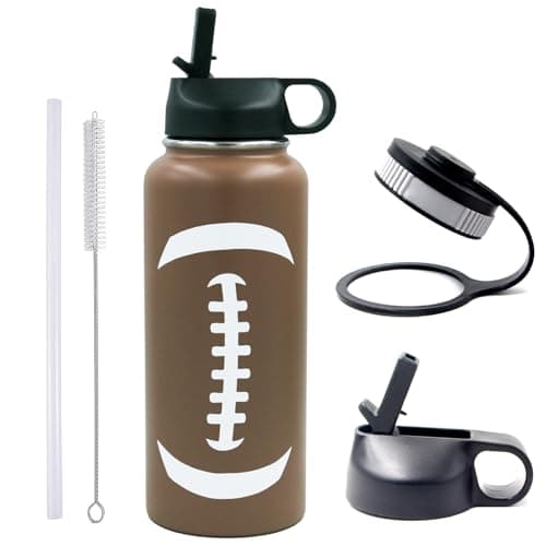 Football Water Bottle 32 oz Wide Mouth Sports Flask Metal Travel Tumbler with 2 Lids, Stainless Steel Double Wall Vacuum Insulated Water Bottles, Football Accessories Gear Gifts for Boys Girls Player