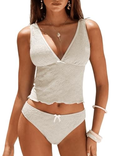 ZAFUL Cute Tankini Swimsuits for Women High Cut Lace Bathing Suit Tummy Control Two Piece Swimsuit 2026 Beige - Image 1