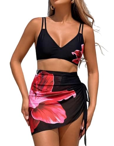 WODECASA 3 Piece Bikini Set for Women Tropical Floral Swimsuit with Cover Up Skirt Criss Cross Back Bathing Suit - Image 1