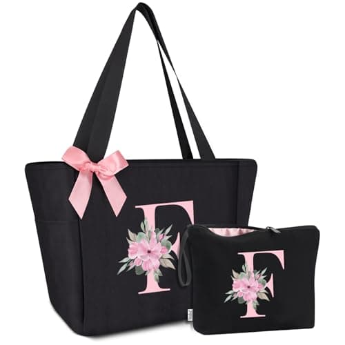 Vavabox Tote Bag, A-Z Initial Monogrammed Waterproof Tote Bag, Bridesmaid Gifts for Women, Black and Pink (F, Black Set) - Image 1