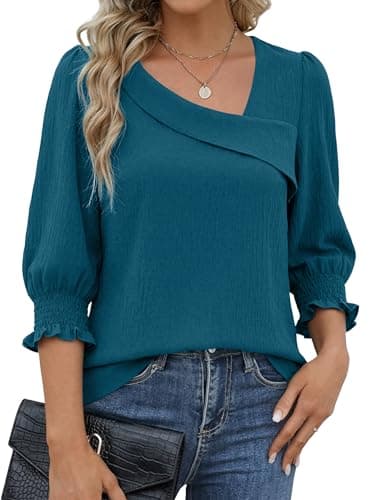 Funlingo 3/4 Sleeve Tops for Women Spring Asymmetric Neck Dressy Casual Blouses Smocked Cuffs Business Work Shirts Fashion Clothing 2026 Teal S - Image 1