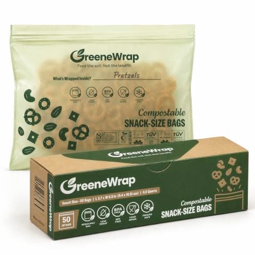 GreeneWrap Compostable Snack Bags, 50 Count, Extra Thick 2 Mil, Resealable Leak-Proof Zipper, BPI Certified, ASTM D6400, Snack Size Food Storage Bags - Image 1