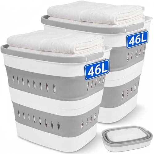 46L/12 Gal Collapsible Laundry Baskets, Foldable Hamper with Handles, Plastic Pop Up Storage Container for Laundry, Home, Dorm, Travel - Gray/White, Set of 2 - Image 1