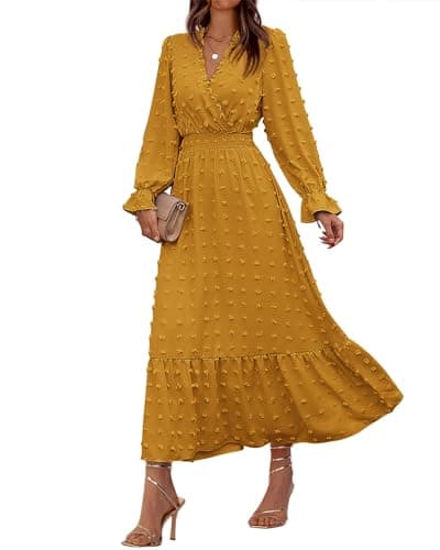 BTFBM Women Fall Maxi Dresses 2026 Long Sleeve V Neck Swiss Dots High Waisted A-Line Ruffle Boho Long Dress Vacation(Yellow,XX-Large) - Image 1