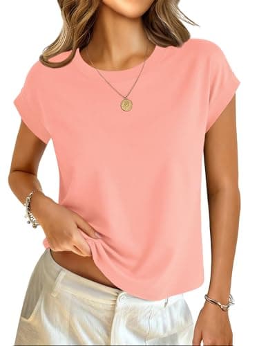 GKBK Cotton Cap Sleeve Womens Tops Crop High Neck Short Sleeve Summer Cute Casual Shirts Boxy Spring Clothing Outfits Coral - Image 1