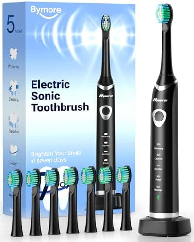 Bymore Electric Toothbrush for Adults, Sonic Rechargeable Toothbrush with 8 Brush Heads, 330-Day Battery, 5 Cleaning Modes & 2-Min Timer, Travel-Friendly Ultra Clean Design – Black - Image 1