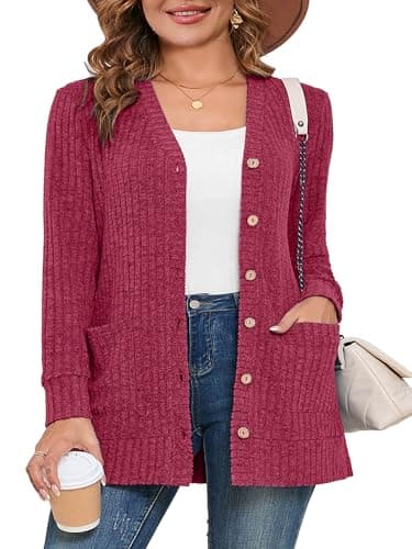 AusLook Plus Size Women Long Sleeve Cardigan 2X Jujube Red Open Front Button Down Lightweight Casual Sweater Cover Ups Shrugs Shawls and Wraps Kimono Jacket Coat with Pockets - Image 1
