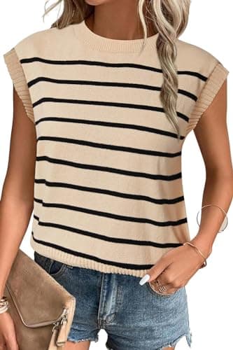Arach&Cloz Womens Spring Summer 2024 Sweater Vest Cap Sleeve Striped Fashion Casual Cute Trendy Tops Business Casual Outfits Work Dressy Blouse Apricot - Image 1