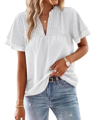 Aprolive Women's Butterfly Sleeve V Neck Shirts Boho Flowy Swiss Dot Blouses Dressy Casual Summer Top (A White, L) - Image 1