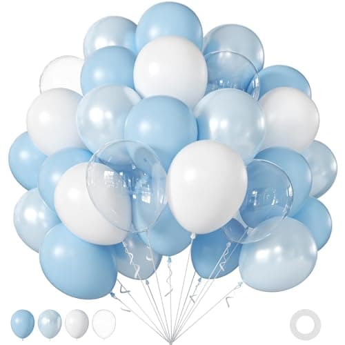 60Pcs Pearl Blue Balloons, 12Inch Double Stuffed Pearl Blue Pastel Blue White Clear Balloons for Bridal Shower Baby Shower Wedding Anniversary Birthday Party Decorations