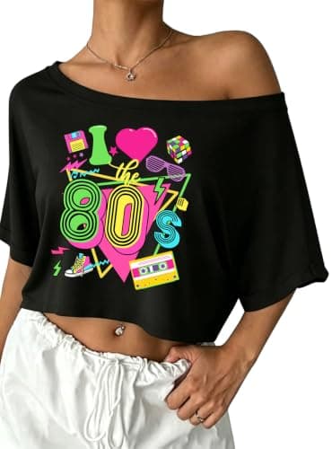 80s Outfit for Women 90's Theme Party Shirt Sexy Off The Shoulder 90S Tshirts 80s Disco Off Shoulder Crop Tops Black-c
