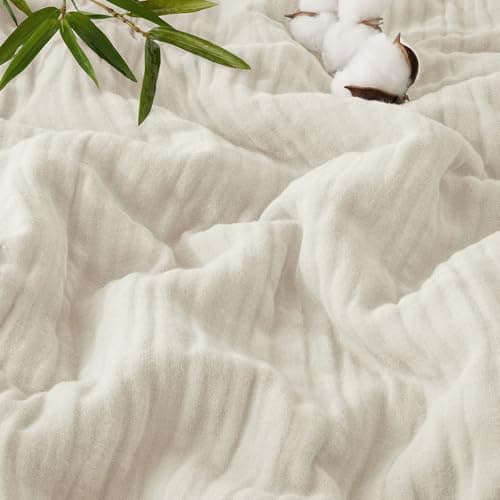 PHF Cooling Muslin Blanket Twin Size, Lightweight Gauze Blanket for Adults, 60% Rayon Derived from Bamboo & 40% Cotton for Summer, 4-Layer Soft Breathable for Hot Sleepers, 66"x90", Oat Milk