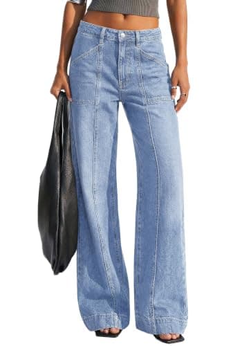 BTFBM Women's Wide Leg Jeans High Waisted Stretchy Straight Leg Baggy Jeans Trendy Front Seam Loose Denim Pants Pockets(Light Blue, 6) - Image 1