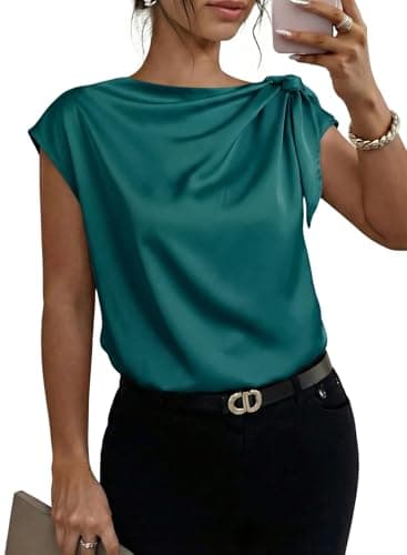 Dokotoo Spring Tops for Women Dressy Casual Fashion Women's Clothing 2026 Business Bowknot Tie Neck Womens Tunic Blouses Elegant Cap Short Sleeve Office Work Outfits Shirts Green XX-Large - Image 1
