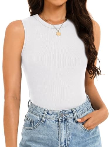 GKBK Womens Ribbed High Neck Tank Tops Racerback Slim Fitted Top Summer Basic Casual Sleeveless Shirts White - Image 1