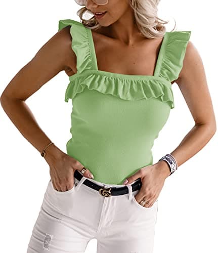 CNJFJ Womens Cute Sleeveless Tank Tops Ruffle Strap Square Neck Blouse Solid Color Knitted Camisole Light Green - Image 1