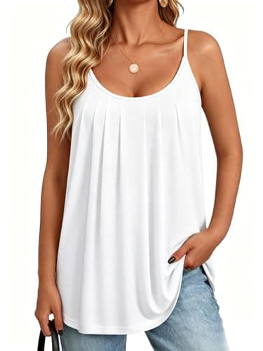 NORACORA Womens Tank Tops Flowy Summer Top Adjustable Spaghetti Straps Scoop Neck Sleeveless Loose Fit Pleated Camisole Shirts White XXL - Image 1