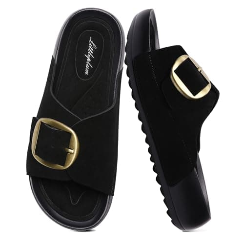 Littleplum Women's Platform Slides Sandals Arch Support - Lightweight Chukny Slip on, Comfortable Summer Walking Beach Sandals with Adjustable Big Buckle, Black Size 9 - Image 1