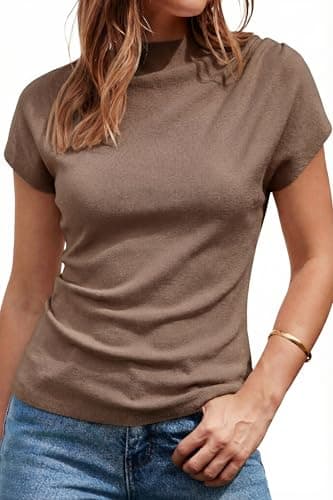 Arach&Cloz Womens Ruched Summer Tops Mock Neck Cap Sleeve Ribbed T Shirts Short Sleeve Slim Fit Ladies Vacation Outfits Going Out Vest Casual Blouse Trendy Coffee XL - Image 1